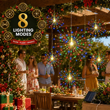 Solar Powered Multicolour LED 5 Head Firework Christmas Hanging Lights 8 Modes Copper Wire