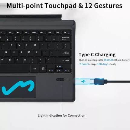 Touchpad Bluetooth Keyboard Backlit Wireless For Microsoft Surface Pro 3/4/5/6/7