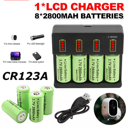 8x CR123 CR123A Rechargeable Battery + 4-Slot Charger 2800mAh For Arlo Camera
