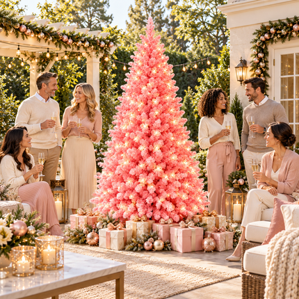 210cm 7FT Pink Snow Flocked Christmas Tree Pre-Lit With LED Light 350LED Warm White Xmas Decor