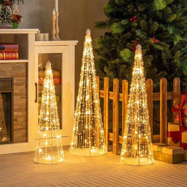 Set of 3 Pre-lit Christmas Cone Tree Set with Star Strings Xmas Decor for Lawn
