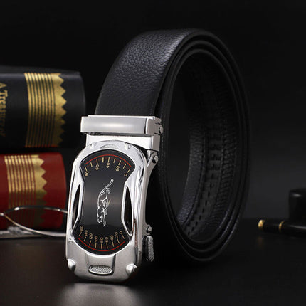 Men's Leather Belt Detachable Waistband Cuttable Strap Automatic Steel Buckle Silver