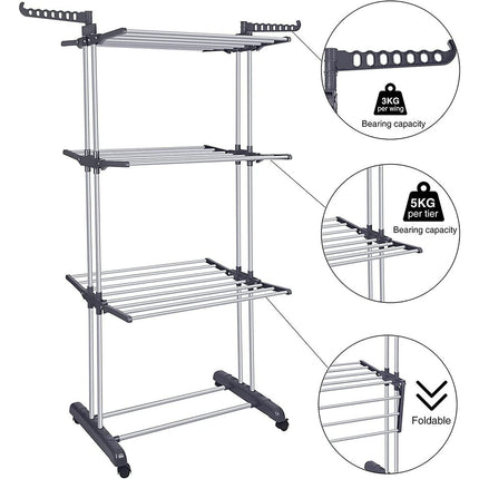 3 Tier Foldable Clothes Airer Folding Hanger Drying Rack Multi-Functional Stand Blue