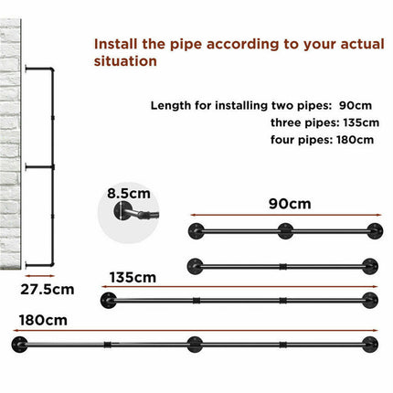 Clothes Rack Industrial Pipe Wall Mounted Garment Rack Hanging RodCloset Storage