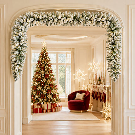 2.7m White Snow Flocked Christmas Garland Hanging Rattan Warm Light Indoor DIY Mantel Decor