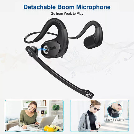 Bluetooth 5.3 Bone Conduction Headset Wireless Headphones & Removable Mic