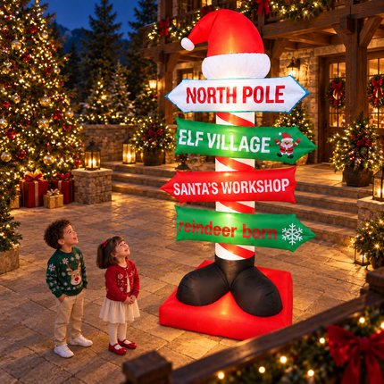 9FT Christmas Inflatable North Pole Sign Santa Hat Lighted Outdoor Yard Blow Up Decor