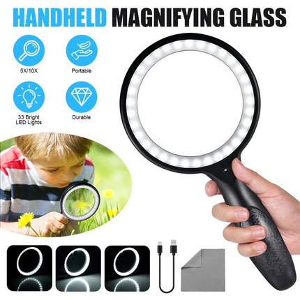 Handheld 5X/10X Magnifier Reading Magnifying Glass Jewelry Loupe With Light USB
