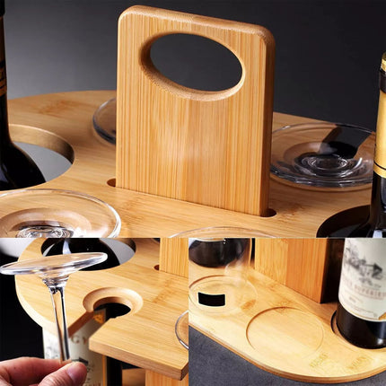 Wooden Wine Rack Free Standing 2Bottles with 4Glasses Holder Bamboo Wine Storage