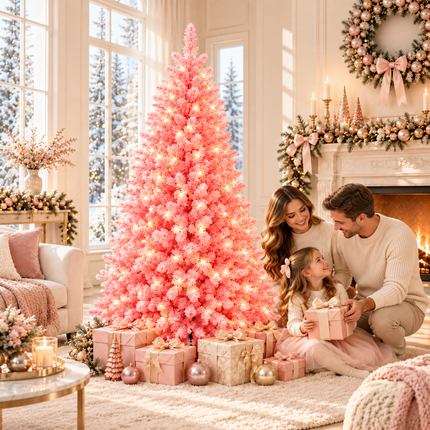 180cm 6FT Pink Snow Flocked Christmas Tree Pre-Lit With LED Light 240 LED Warm White Xmas Decor
