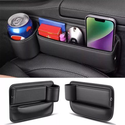 2Pcs Universal Car Seat Gap Filler Organizer Leather Storage Box & Cup Holder