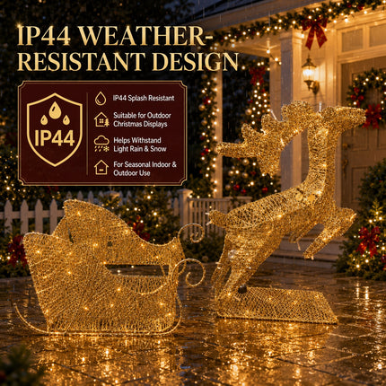 Christmas Reindeer & Sleigh Solar LED Lights Metal Frame Outdoor Xmas Garden Decoration