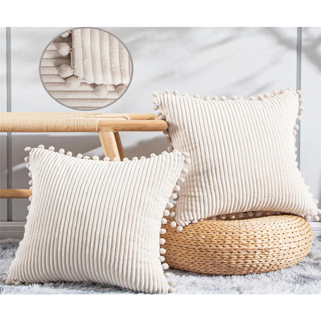 2x Pom Poms Ball Solid Color Stripe Cushion Cover Corduroy Pillow Covers Beige 50 x 50 cm