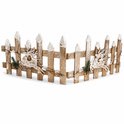 Christmas Wooden Picket Fence Reindeer Snow Tipped Tree Base Xmas Decor