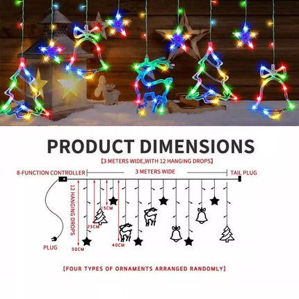 12 LED Hanging Deer Bells Curtain Lights Christmas Garland String Fairy Window