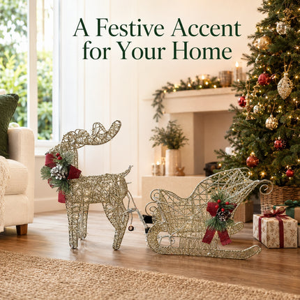 2-Piece LED Christmas Reindeer & Sleigh Solar-Powered Lighted Metal Frame Yard Decoration Set
