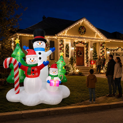 216cm LED Lights Christmas Inflatable Snowman Family with Trees Candy Cane Blow Up Xmas Decor