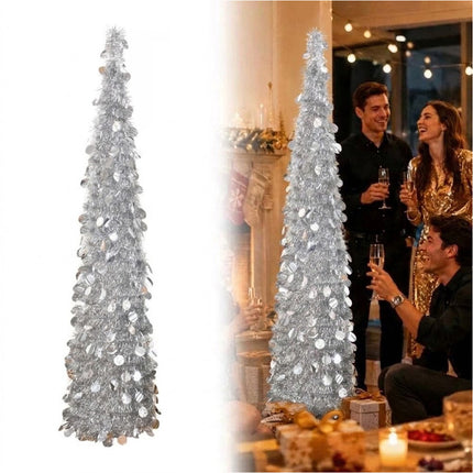 Foldable Christmas Tree Retractable Tinsel Tree Holiday Decor Silver