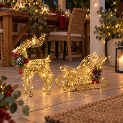 Solar Christmas Reindeer Sleigh LED Lights Outdoor Garden Xmas Yard Decoration