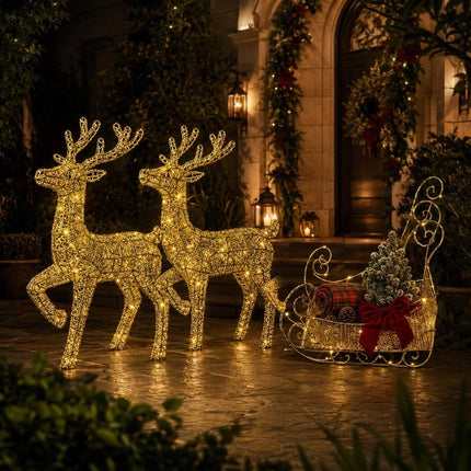 Set of 3 Christmas Decoration Reindeer and Sleigh LED Lighted Yard Garden Xmas