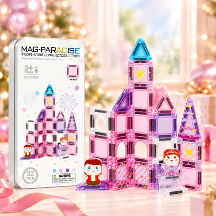 32 Pcs Mini Magnetic Tiles Princess Castle Storage Tin Set Christmas Gift Toy
