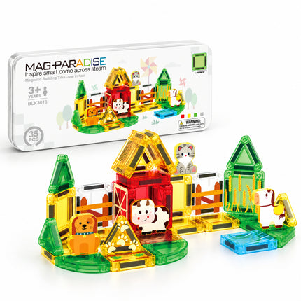 35 Pcs Magnetic Building Tiles Farm Animal Set Storage Tin Christmas Gift Toy