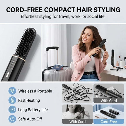 Cordless Beard Hair Straightener Brush Ion Heated Straightening Comb USB Rechargeable