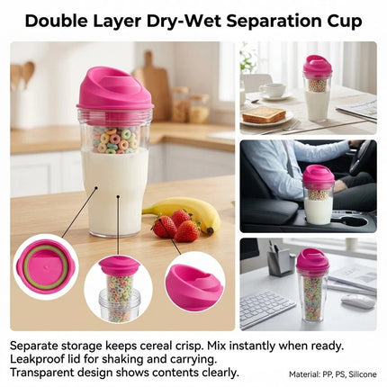 1Pcs Crunch Cup On-the-Go Cereal Tumbler Portable Plastic Cereal Cup Leak-Proof Pink