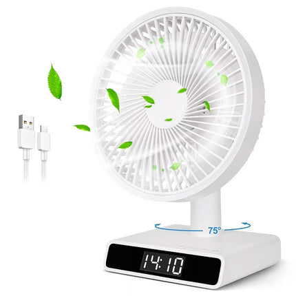 9 Inch USB Rechargeable Desk Table Fan Auto Moving heads w/ Clock Time Display