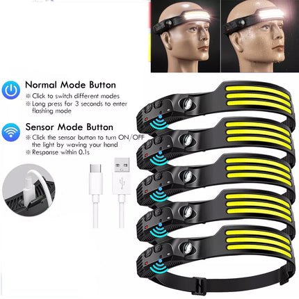 5Pcs 3COB Waterproof LED Motion Sensor Head Torch Headlight USB Rechargeable Headlamp