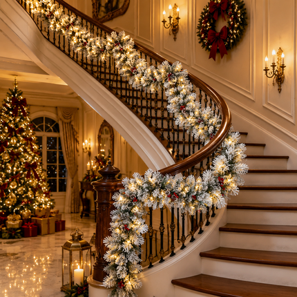 270cm Lush Snow Flocked Christmas Garland Pre-Lit LED Berry Pinecone Battery