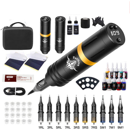Tattoo Machine Kit Wireless Motor Pen Gun Color Ink Power Supply Needle Battery Gold