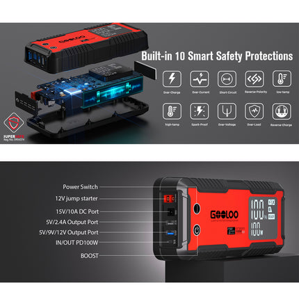 Car Jump Starter 3000A Portable Battery Booster Jumper Box Powerbank