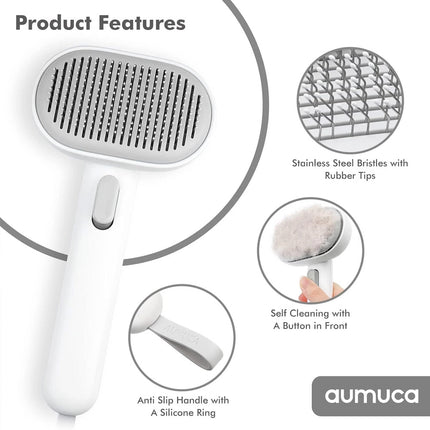 Cat Brush with Release Button Cat Grooming Shedding Brush Cleaning Pet Brush White