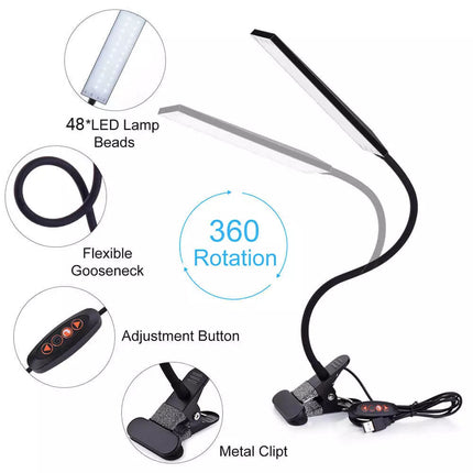 Dimmable Clip On LED Desk Lamp Eye Care USB Power Light Adjustable Clamp