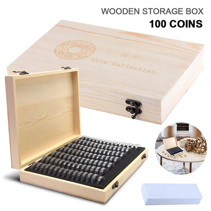 100PCS Coin Capsules Storage Box with Wooden Case Holder Collection Display Tool