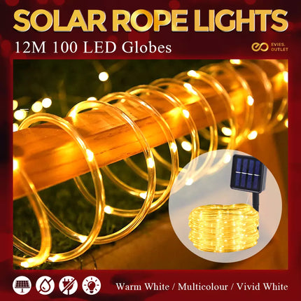 Waterproof Garden Fairy Solar Rope Lights String Decor Xmas Outdoor LED Strip Warm Light