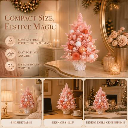 60cm Pink PE Mixed Tip Christmas Tabletop Tree Rose Gold Snowy Decor Gift
