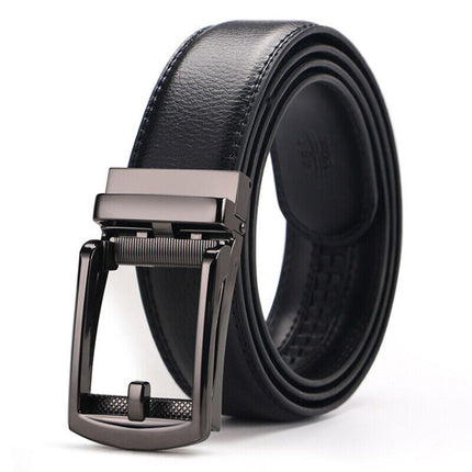 Mens Leather Belt Detachable Waistband Cuttable Strap Automatic Steel Buckle Black