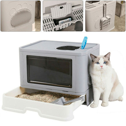 Larger Entry Enclosed Cat Litter Box Pull Drawer Trash Bag Store Odd-Resistant