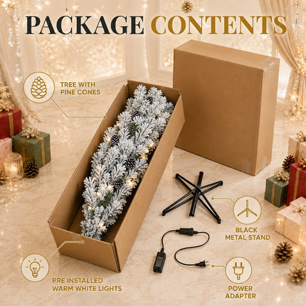 150cm Snow Flocked Christmas Tree Warm 160 LEDs Light Pre Lit Pine Cone Winter Xmas Decor