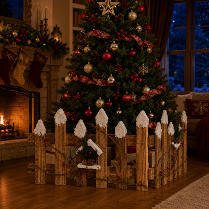 Christmas Wooden Fence Snow-Tipped Rustic Farmhouse Xmas Tree Base Village Decor