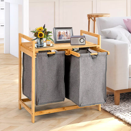 Laundry Baskets Hamper Bamboo Shelf w/ 2 Sliding Washing Clothes Bags