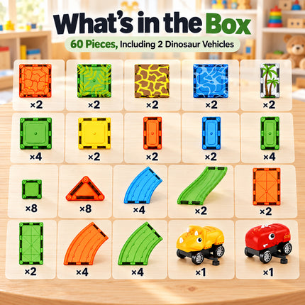 60 Pcs Kids Magnetic Tiles Building Blocks Dinosaur Vehicles Toy Christmas Gift