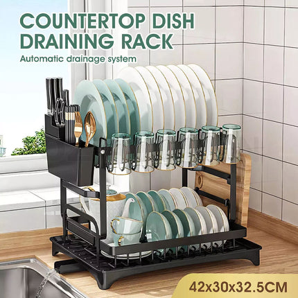 2 Tier Dish Drainer Drying Rack with Cup Holder Cutlery Tray Kitchen Organiser