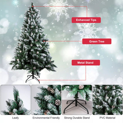 Artificial Christmas Tree with LED Lights Xmas Bushy Pine Holiday Pre Lit Decor Snow Flocked Tree+Pine Cone