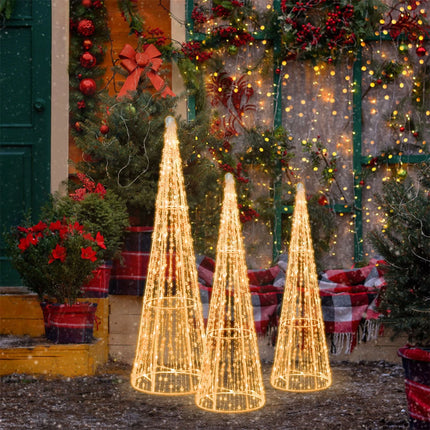 Set of 3 Pre-lit Christmas Cone Tree Set with Star Strings Xmas Decor for Lawn
