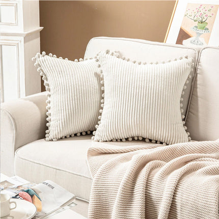 2x Pom Poms Ball Solid Color Stripe Cushion Cover Corduroy Pillow Covers Beige 50 x 50 cm