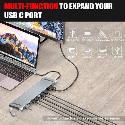 12 in 1 Laptop Docking Station Type-C Dual HDMI Adapter USB-C Triple Display