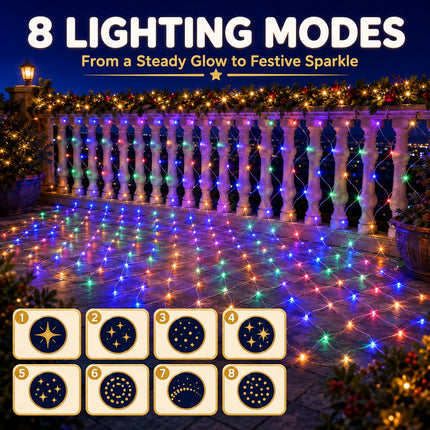 3M x 2M Solar Christmas Net Lights 240 LED Multicolour Outdoor Garden Curtain String Fairy Lights – 8 Modes